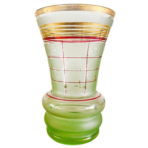 Art Deco Booms green glass De Rupel vase gold lines 1930's