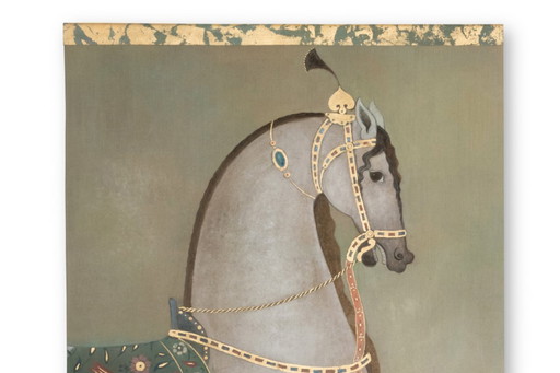 Geschilderd doek met een afbeelding van een Indiaas paard in profiel. Hedendaags werk.