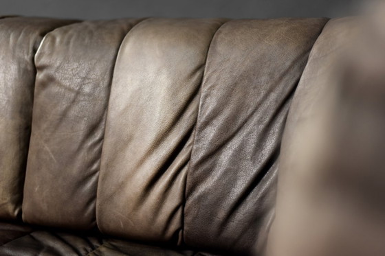 Image 1 of Vintage Mid-Century Modern German Brutalist 2-Seater Brown Leather Bed Sofa, 1970s