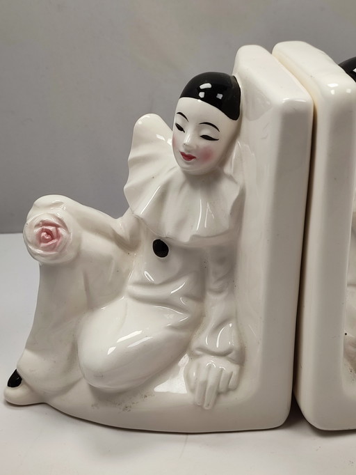 Fermalibri vintage Pierrot Clown X 2 in ceramica bianca anni '80