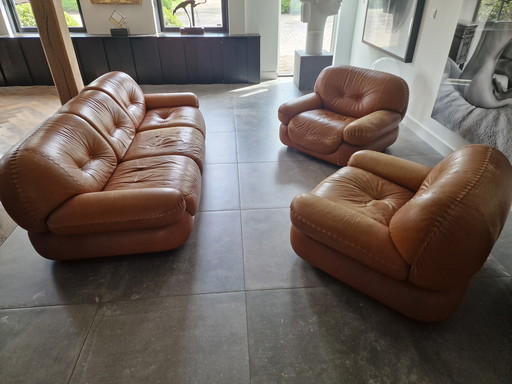 Canapé et 2 fauteuils Mobil Girgi Sapporo, cuir cognac