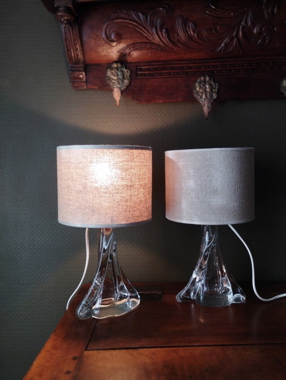 Image 1 of Pair of table lamps - 1950s style twisted clear glass bases - Hemp cylindrical lampshades