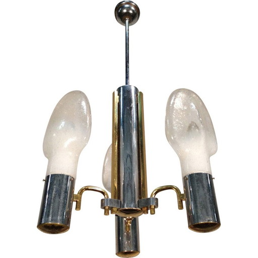 Lampada a sospensione vintage in cromo, ottone e vetro opalino - anni '70
