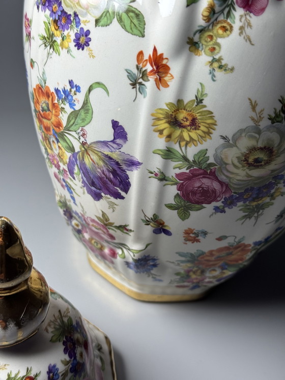 Image 1 of Pot à couvercle Boch Frères La Louvière Keralux – Motif floral « Bouquet de Saxe » – Art déco belge, années 1930/1940