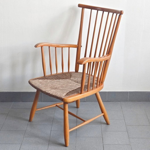 Vintage-Sessel von Arno Lambrecht für WKS Möbel, 1950, aus Buche und Schilf, 50er Jahre