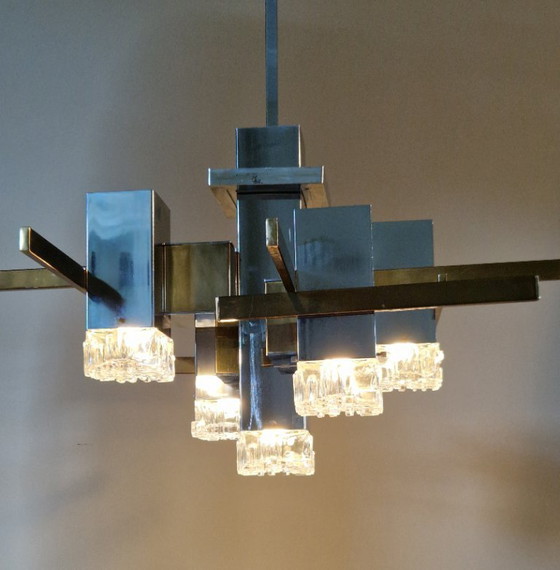 Image 1 of Vintage Italian design chandelier, Cubic, Gaetano Sciolari, chrome, brass, glass, 1970s