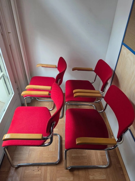 4 original Thonet S 43 armchairs by Mart Stam – Red – Dining chairs, Chrome (photo 4 of 8)
