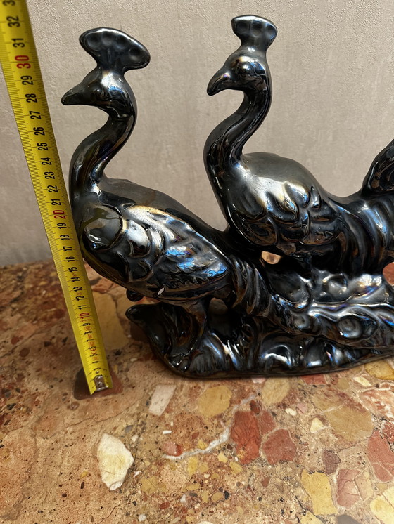 Image 1 of Coppia di Pavoni in ceramica nera iridescente - Attribuiti a Vallauris anni '70