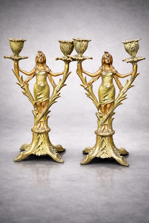 Coppia di candelabri antichi in stile Art Nouveau. – kandelaars en kaarsen, Metal (photo 2 of 7)