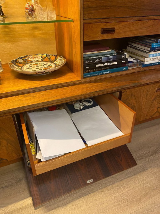 Image 1 of Mid-century wall unit / highboard with lighting, pull-out TV section and bar.