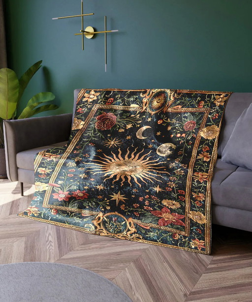 Celestial Sun and Moon Blanket | Whimsical Starry Night Floral Tapestry, Cosmic Decor, Ethereal Boho Throw,