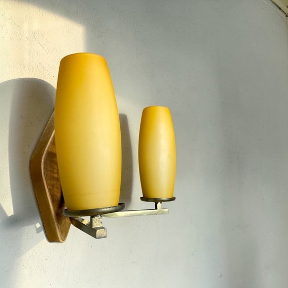 Image 1 of Vintage Mid Century Modern double opaline glass and wood wall sconce
