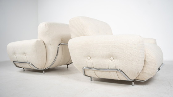 Image 1 of Mid Century Modern Paar Fauteuils, Chroom en Boucle Stof