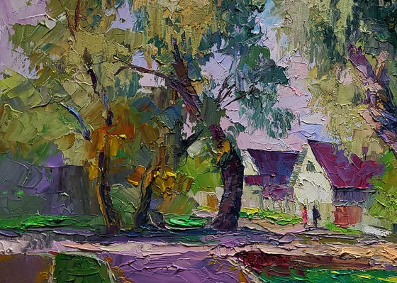 Original Oil Painting Rural Landscape Village Street Willows Near The Yard – Paintings & Drawings, Canvas (photo 6 of 7)