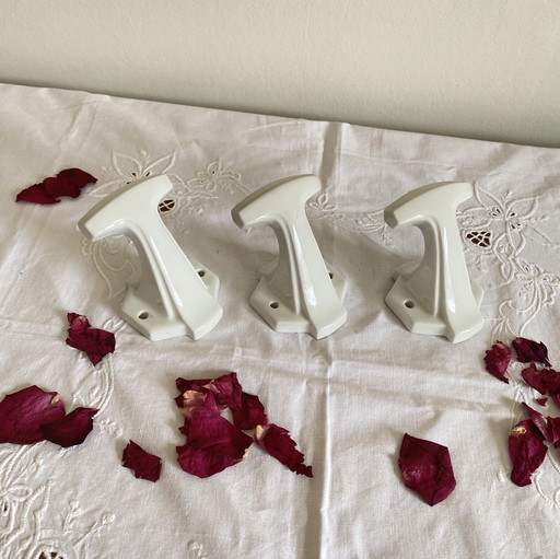 Set of 3 Antique Art Deco Porcelain Ceramic Towel Hangers Coat Hanger Wall Hangers