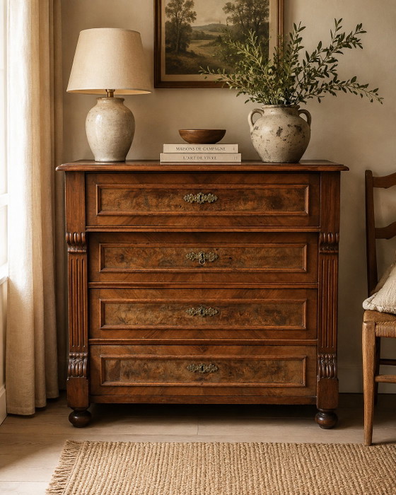 Antike Kommode im Louis-Philippe-Stil mit 4 Schubladen aus Holz und Nussbaummaserholz – Kommoden, Wood (photo 10 of 10)