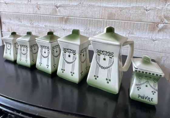 Image 1 of Vintage Chauvigny Faience Condiment Set – 6 Pieces – French Ceramic