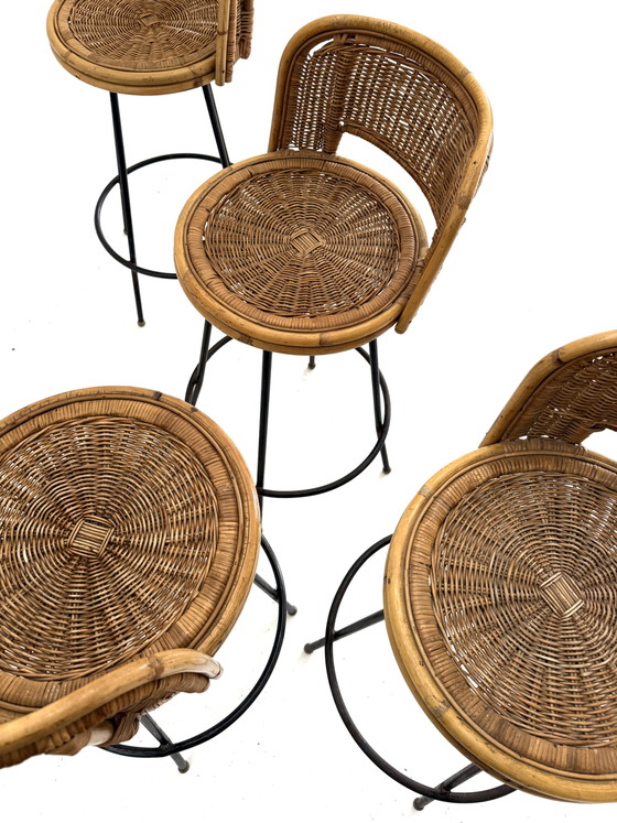 Set Van 4 Vintage Barkrukken, Rotan & Smeedijzer ‘60 – Rattan, Wicker (photo 8 of 10)