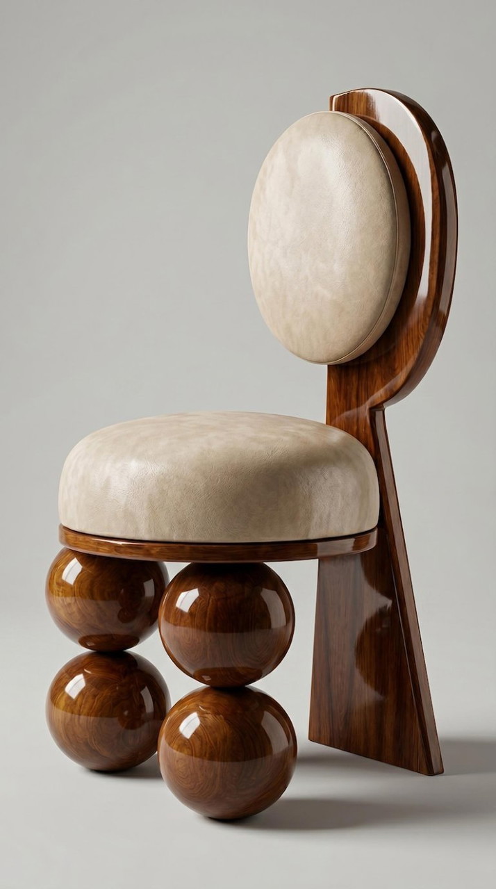 Sculptural Accent Chair, Cream Upholstered, Walnut Wood Frame, Modern Statement Dining Chair