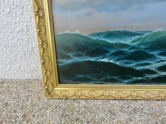 Image 1 of Dipinto incorniciato raffigurante un oceano molto agitato 45 cm x 76 cm