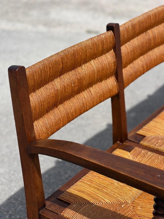 Image 1 of Set of bench and 2 chairs in solid oak and straw French work 1940