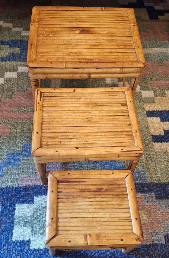 Nest of 3 Patinated Bamboo Tables, 1960s – Coffee tables (photo 9 of 11)