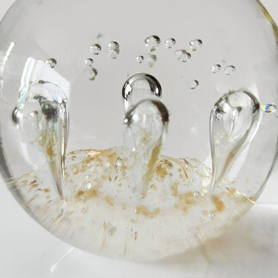 Image 1 of Vintage Glass Crystal Ball Paperweight Clear Crystal Bubbles Gold Dust 1970's