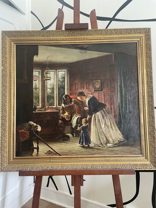 Tableau ancien encadré - The First Step - reproduction entoilée - cadre doré - style classique - art victorien - 76x83 cm