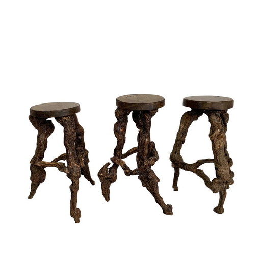 Lot de 3 tabourets de bar vintage en sarments de vigne, années 60