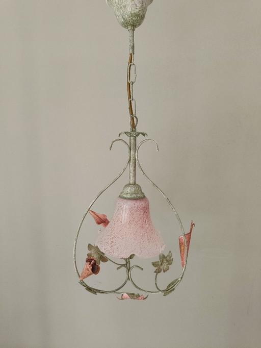 Wrought iron chandelier with pink granite glass tulip