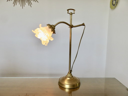 Imposing Art Nouveau Rose Tulip Lamp in Frosted Glass and Bronze