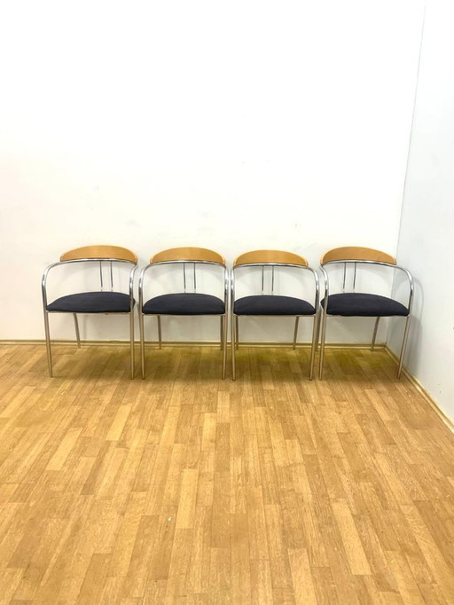 Set of 4 Chrome and Wood Chairs, Italy, 1980s