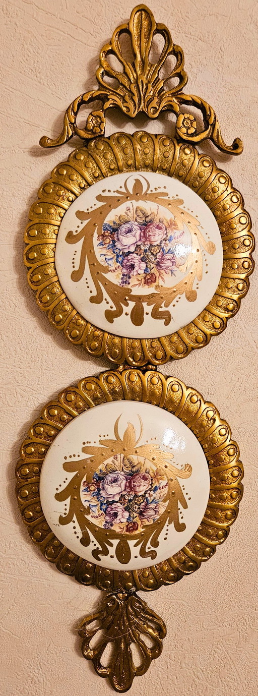 Vintage Brass & Ceramic Wall Plate – Floral Artwork by Saraya Abden | 40cm Elegant Wall Decor