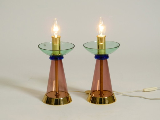 Image 1 of Deux lampes de table rares en verre de Murano italien des années 1980, au design Memphis postmoderne | Vetri Murano