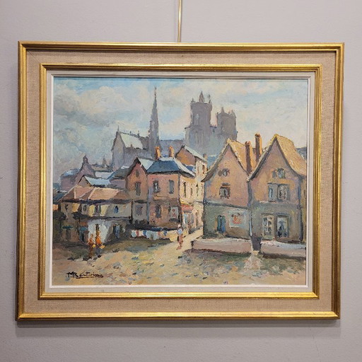 Öl auf Tafel "Bretonisches Dorf", Marcel Bertoin, Impressionismus, 20. Jahrhundert - Frankreich