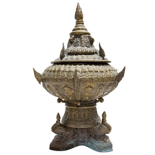 Antique Thai Bronze Reliquary with Elephants and Sacred Amulet