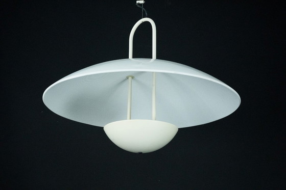 Image 1 of Vintage 1990s White Pendant Lamp with Glass Top Shade. Italy