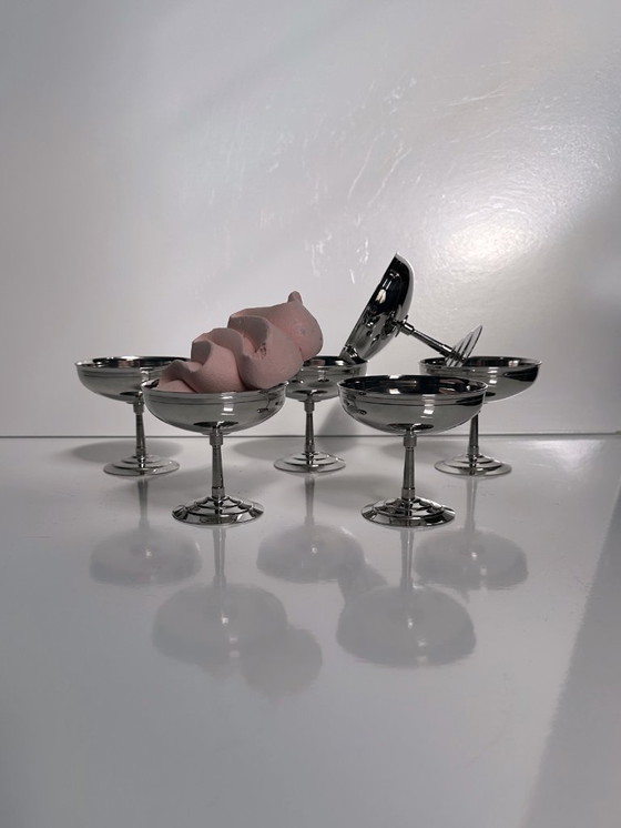 Image 1 of 6 cuencos de postre Guy Degrenne, estilo Art Déco de los años 80, Francia, cuenco para helado de acero inoxidable, taza con deco