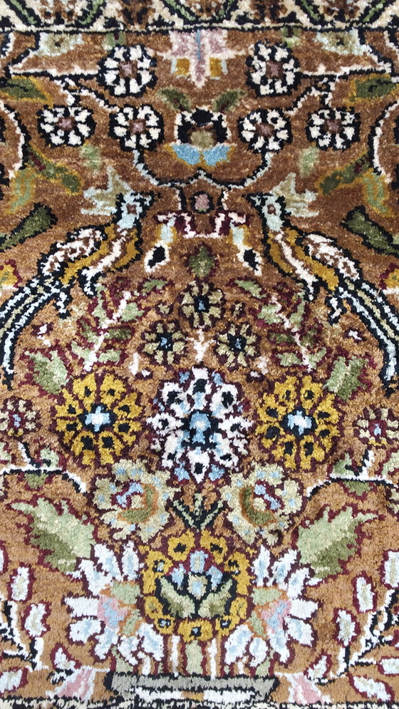 Image 1 of Handgeknoopt oriental zijde Kashmir tapijt mini square Birds 39x39cm