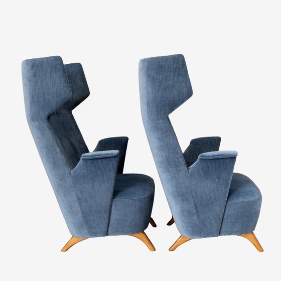 Image 1 of Paar Mid Century Moderne Italiaanse fluwelen fauteuils met hoge rug, 1950