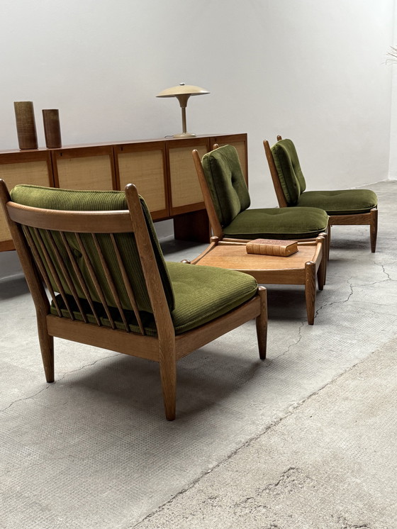 Image 1 of Set of 3 Wilhelm Knoll armchairs solid oak wood cord velvet dark green, Germany 1960s