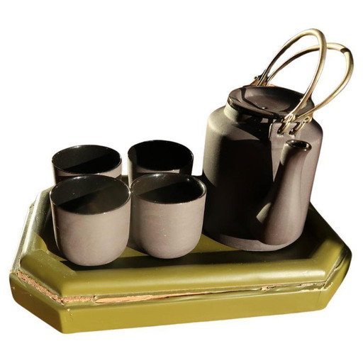 Vintage 1970s Vietnamese Ceramic Tea Set with Lacquered Tray, Hanoi – Minimalist - 2C30