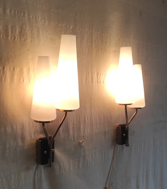 Image 1 of Asymmetrical double wall sconces in brass, metal and opaline glass - mid-20th century