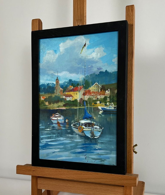 Image 1 of Origineel olieverfschilderij: Rivierboten, Landschap, Boten voor de kust van de stad
