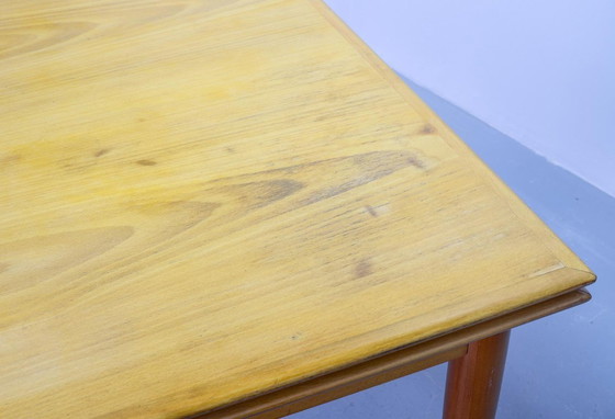 Image 1 of Large Mid-Century Design Extendable Solid Beech Wooden Dining Table in style of Arno Lambrecht. Germany, 1950s.