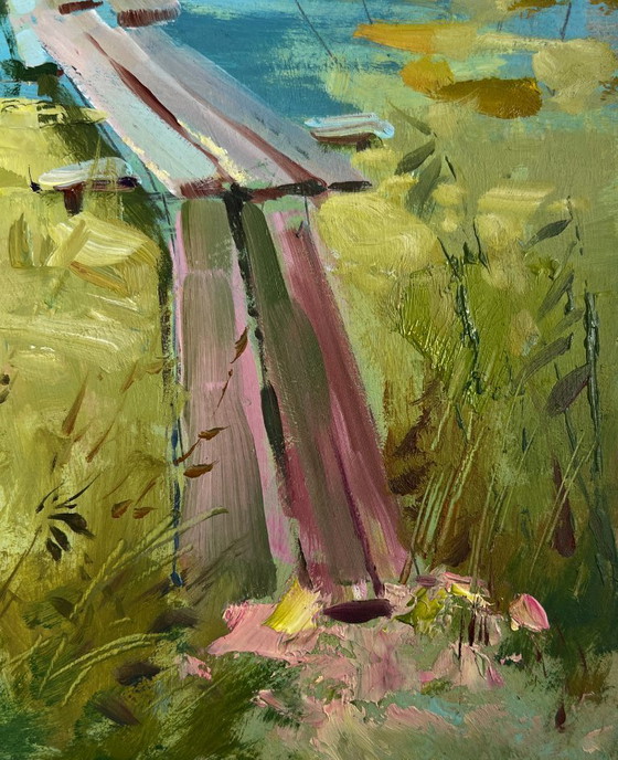 Image 1 of Original Oil Painting Summer River Landscape Boats at rest by the river