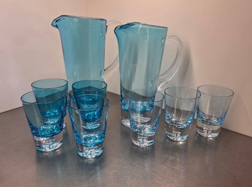 Two carafes and 7 glasses by Krosno Poland, ice-blue art glass
