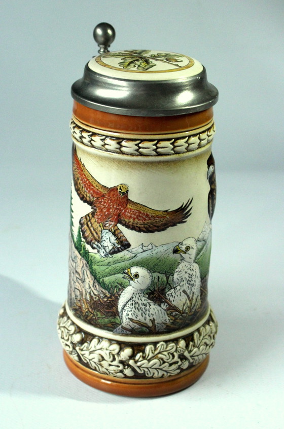 Image 1 of Original Gerz Chope à bière Faïence Avec couvercle en étain Aigle dans un motif de montagne, vintage