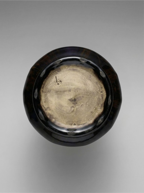 Image 1 of Art Deco vase in flamed brown-black glazed stoneware – openwork handles – French work – 1930s – 28 cm