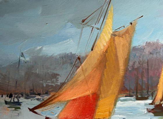 Image 1 of Peinture à l'huile originale, paysage urbain estival, vacances à la voile